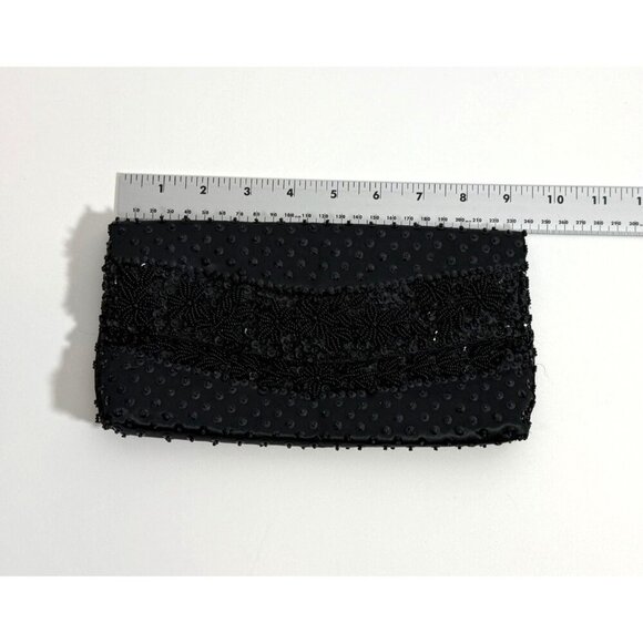 Vtg Black Beaded Satin Evening Clutch Micro Bead Flowers Snap Close Hong Kong - Picture 10 of 11